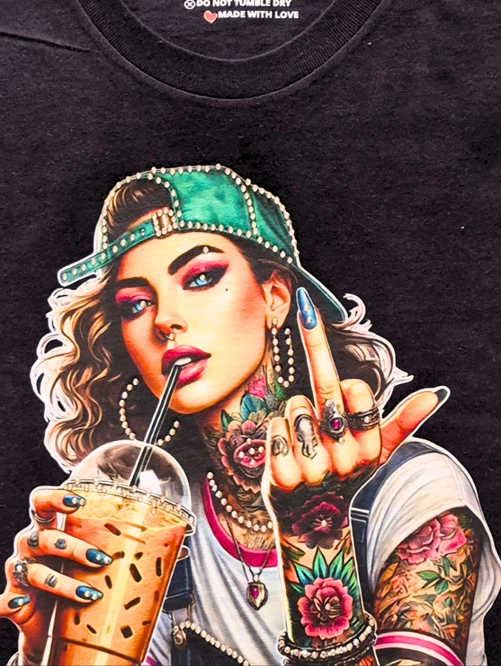 Luxury Hand-Crystalled Green Cap Baddie Tee - AD Golden Girl